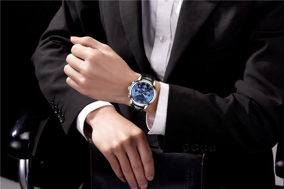 Stevvex men's chronograph watch with blue dial and black leather strap on Tampa Home & Garden Store