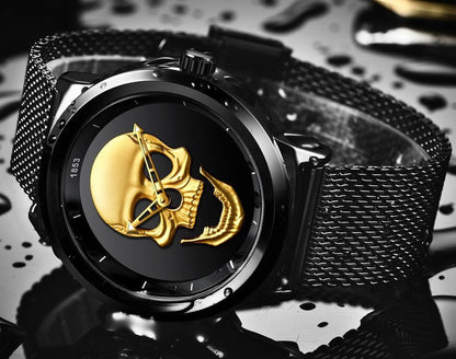 Stevvex men's waterproof stainless steel watch with 3D skull dial and black mesh band on Tampa Home & Garden Store