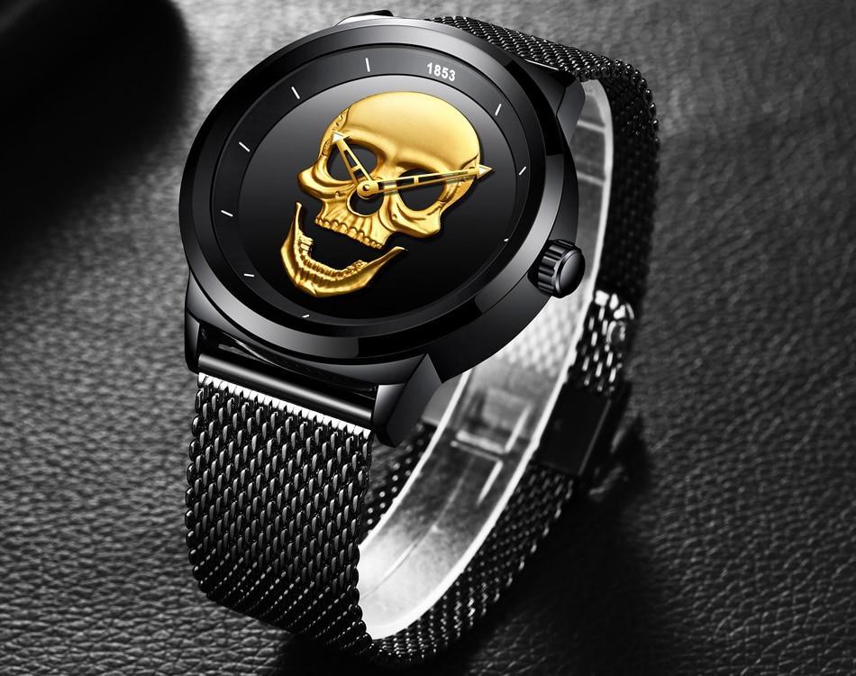 Men's black stainless steel watch with 3D gold skull dial and fluorescent hands, waterproof on Tampa Home & Garden Store