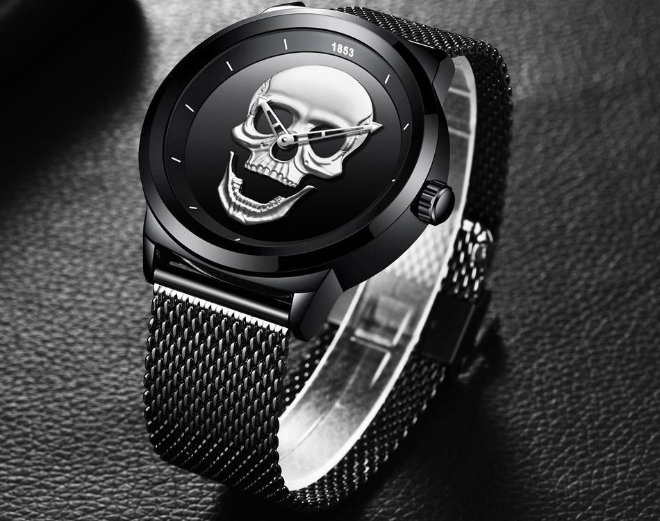 Men's waterproof stainless steel watch with 3D skull dial and black mesh band by Stevvex on Tampa Home & Garden Store