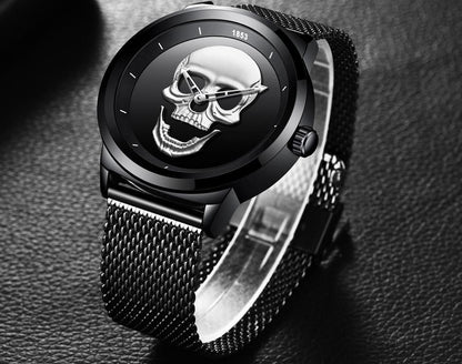 Men's waterproof stainless steel watch with 3D skull dial and black mesh band by Stevvex on Tampa Home & Garden Store