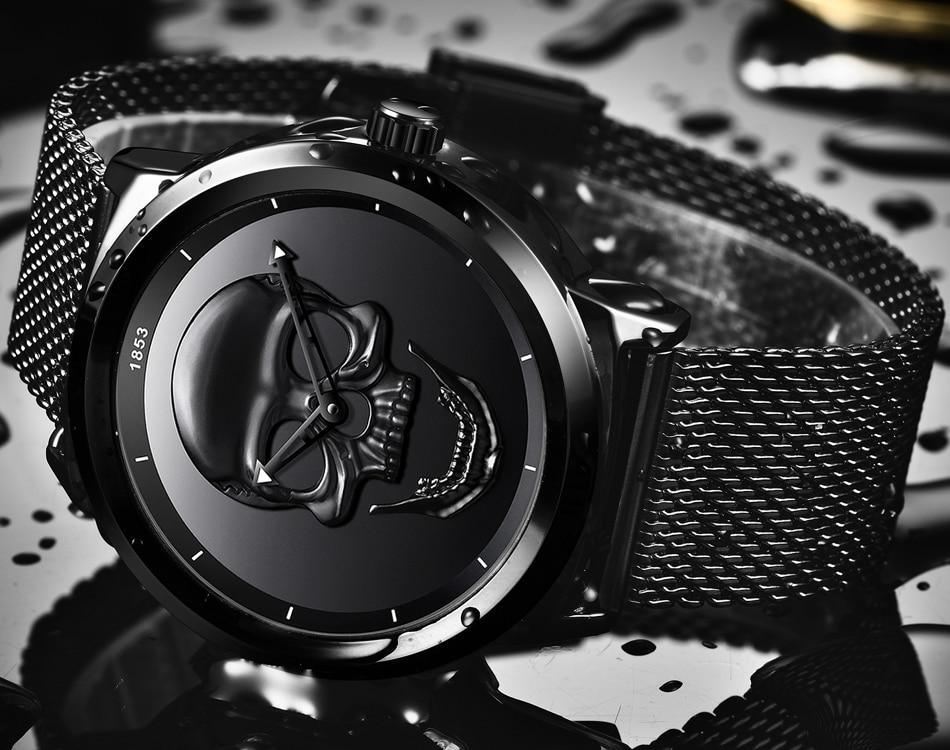 Stevvex men's waterproof stainless steel watch with 3D skull dial and mesh band on Tampa Home & Garden Store