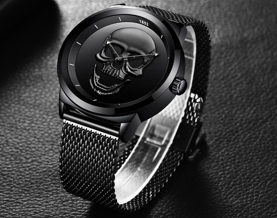 Men's skull-dial stainless steel watch with black mesh band by Stevvex, waterproof on Tampa Home & Garden Store