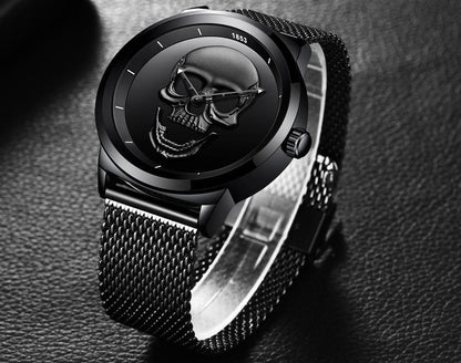 Men's skull-dial stainless steel watch with black mesh band by Stevvex, waterproof on Tampa Home & Garden Store