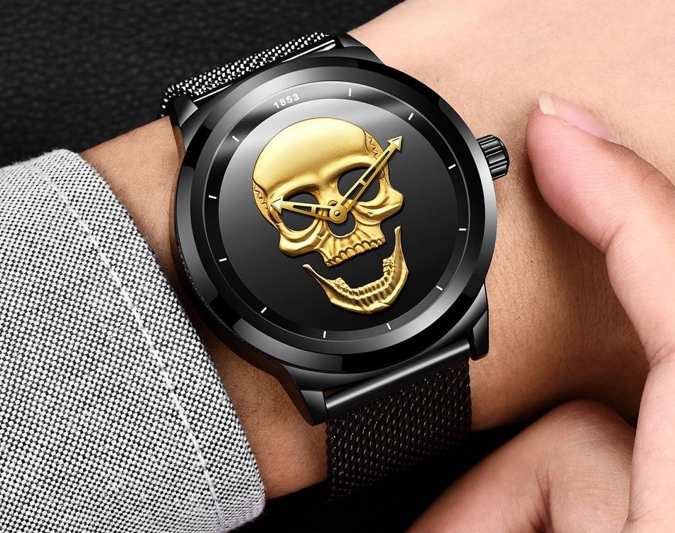 Men's Stevvex waterproof stainless steel watch with gold skull dial and mesh band on Tampa Home & Garden Store