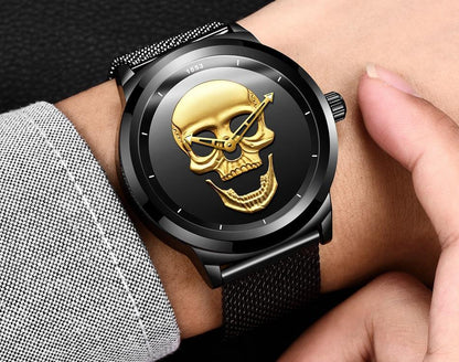 Men's Stevvex waterproof stainless steel watch with gold skull dial and mesh band on Tampa Home & Garden Store