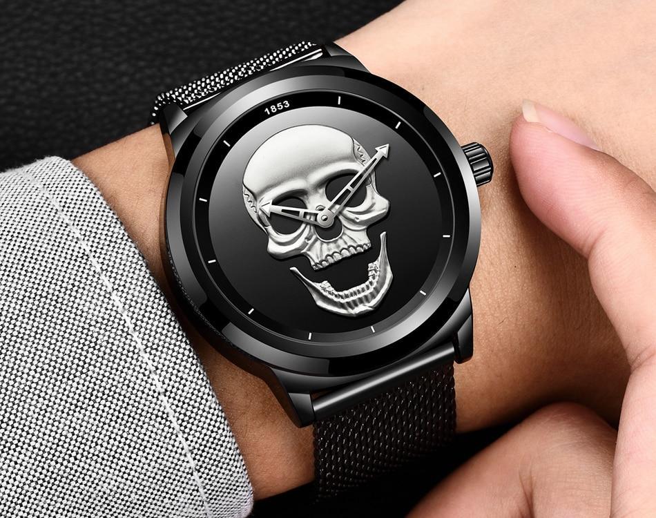 Stevvex men's waterproof black stainless steel watch with 3D skull dial and fluorescent hands on Tampa Home & Garden Store