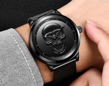 Stevvex men's waterproof stainless steel watch with black 3D skull dial and mesh band on Tampa Home & Garden Store
