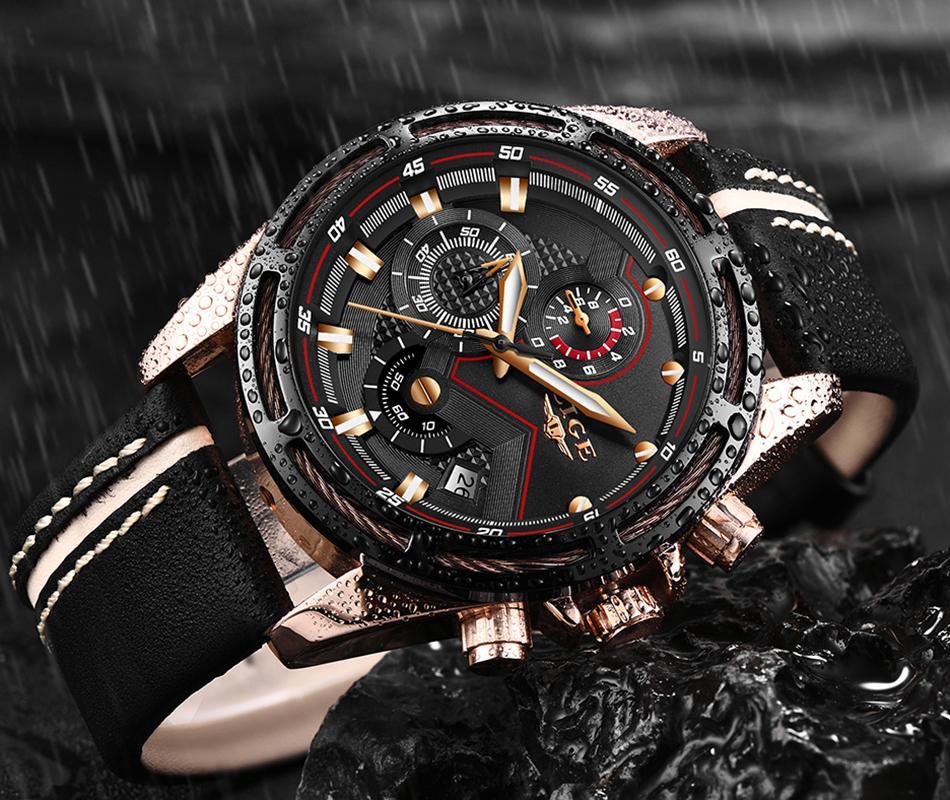Stevvex waterproof men's sports watch with black leather strap and gold case chronograph dial on Tampa Home & Garden Store