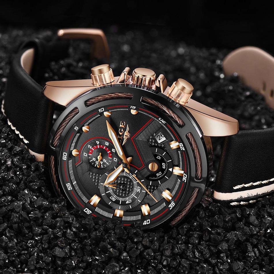 Stevvex men's sport watch with black leather strap and rose gold case, chronograph on Tampa Home & Garden Store