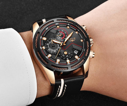 Waterproof men's sport watch Stevvex with black dial, gold-tone case, chronograph, leather strap on Tampa Home & Garden Store