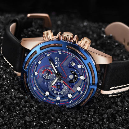 Stevvex waterproof men's sports watch with blue dial, rose-gold case, black leather strap on Tampa Home & Garden Store