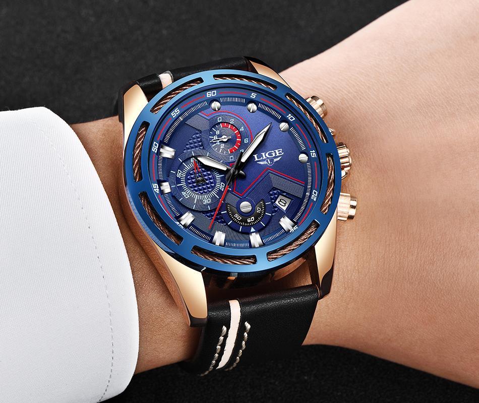 Waterproof men's sports watch by LIGE with blue dial, rose-gold case, black leather strap on Tampa Home & Garden Store