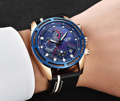 Waterproof men's sports watch by LIGE with blue dial, rose-gold case, black leather strap on Tampa Home & Garden Store