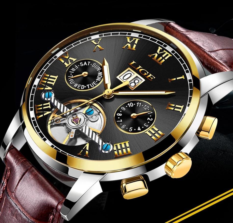 Business Men's waterproof Stevvex watch with gold-tone case, black dial, roman numerals on Tampa Home & Garden Store