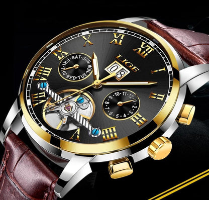 Business Men's waterproof Stevvex watch with gold-tone case, black dial, roman numerals on Tampa Home & Garden Store