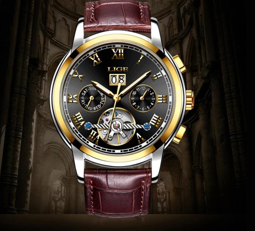 Stevvex men's waterproof watch with Roman numerals date skeleton dial brown leather strap on Tampa Home & Garden Store