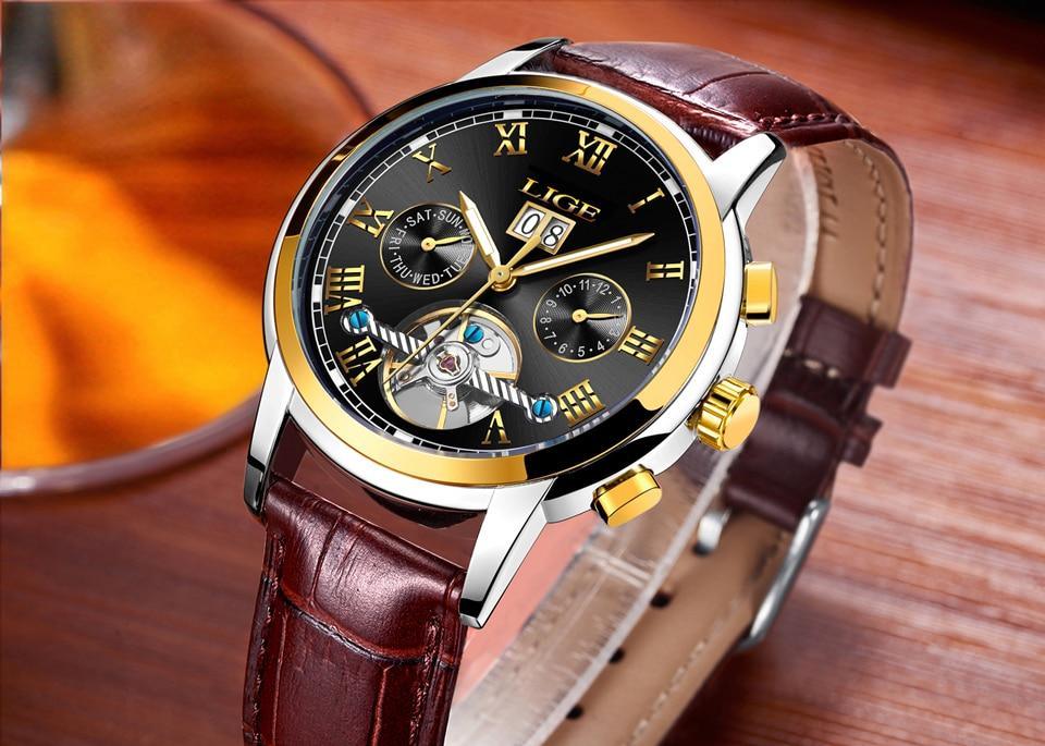 Stevvex men's watch with LIGE dial, black face, gold Roman numerals, date, skeleton gear, brown on Tampa Home & Garden Store