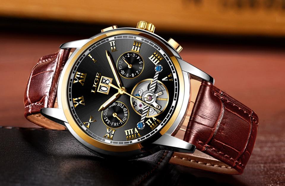 Stevvex men's waterproof watch with date and roman numerals, brown leather strap on Tampa Home & Garden Store