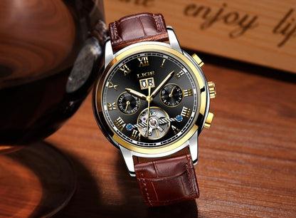 Stevvex men's waterproof watch with chronometers, black dial, Roman numerals brown leather strap on Tampa Home & Garden Store