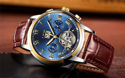 Stevvex Business Men's Waterproof Watch blue dial with large gold Roman numerals leather strap on Tampa Home & Garden Store