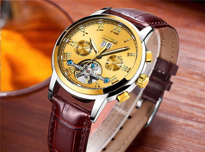 Men's waterproof Stevvex watch with gold dial and brown leather strap on Tampa Home & Garden Store