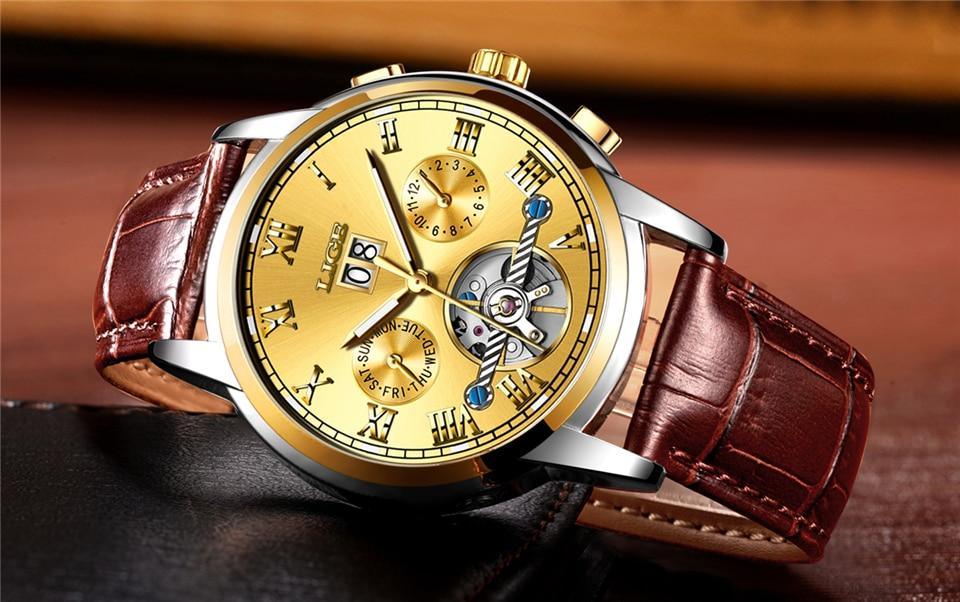 Stevvex men's gold watch with skeleton dial, Roman numerals, date, brown leather strap on Tampa Home & Garden Store