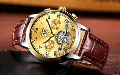 Stevvex men's gold watch with skeleton dial, Roman numerals, date, brown leather strap on Tampa Home & Garden Store