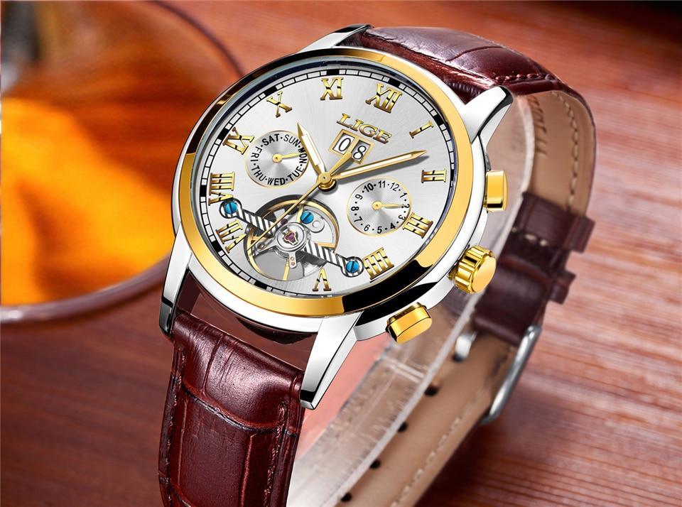 Stevvex men's waterproof watch with chronograph, Roman numerals, date, brown leather strap on Tampa Home & Garden Store