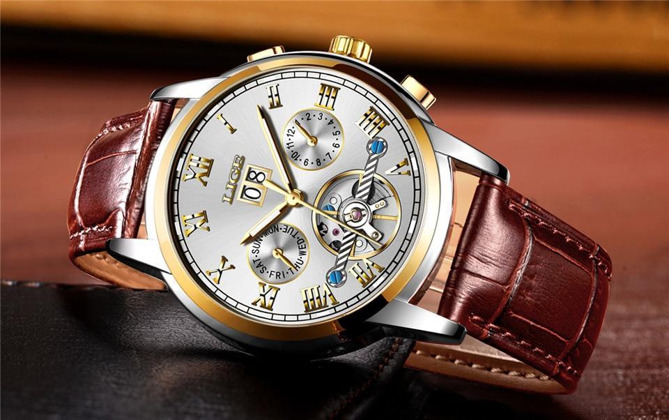 Stevvex men's business watch with chronograph, silver dial, Roman numerals, brown leather strap on Tampa Home & Garden Store