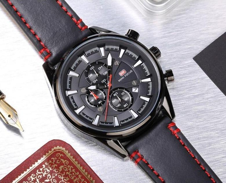 Stevvex men's luxury chronograph watch with black leather strap and red stitching on Tampa Home & Garden Store