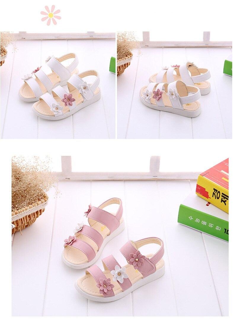 Stevvex girls flower sandals two colorways white and pink open-toe strappy sandals with flowers on Tampa Home & Garden Store