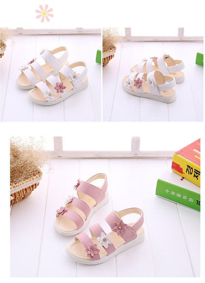Stevvex girls flower sandals two colorways white and pink open-toe strappy sandals with flowers on Tampa Home & Garden Store