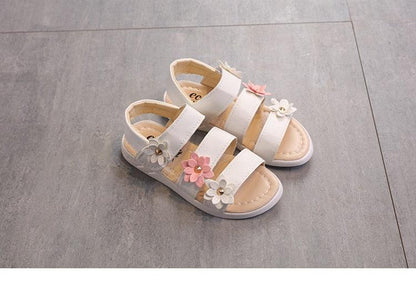 Stevvex girls' flower strap sandals, white open-toe pair with pastel flower appliques on Tampa Home & Garden Store