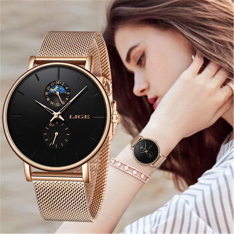 Women's waterproof watch with chronograph, rose-gold braided stainless steel bracelet, black dial with LIGE logo on Tampa Home & Garden Store