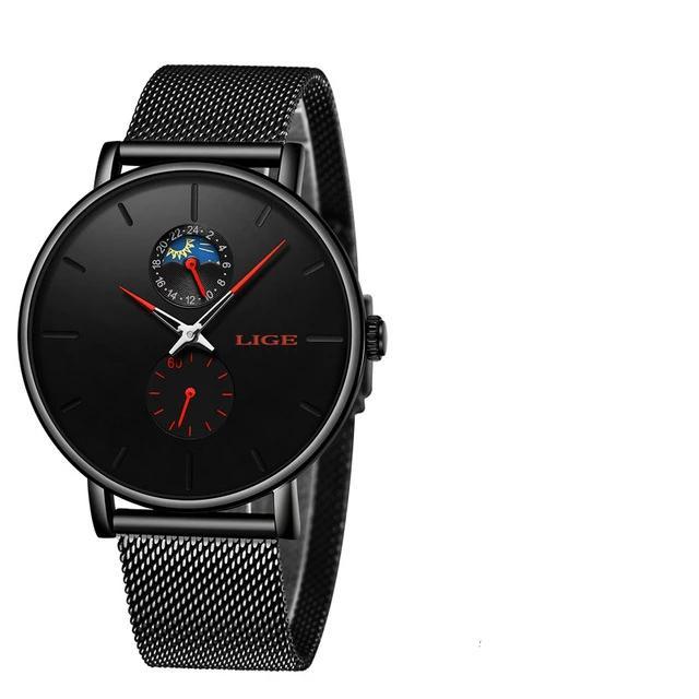 LIGE women's black stainless steel mesh watch with 24-hour subdial and red hands on Tampa Home & Garden Store