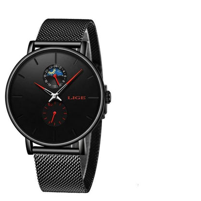 LIGE women's black stainless steel mesh watch with 24-hour subdial and red hands on Tampa Home & Garden Store