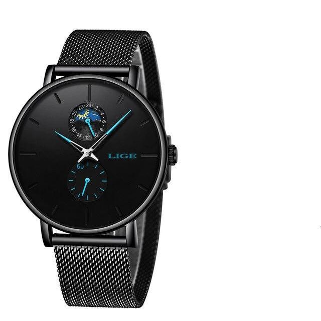 Stevvex ST1LG5900ZME3 watch with black dial, blue hands, 24h and subdials, stainless mesh on Tampa Home & Garden Store