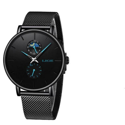 Stevvex ST1LG5900ZME3 watch with black dial, blue hands, 24h and subdials, stainless mesh on Tampa Home & Garden Store