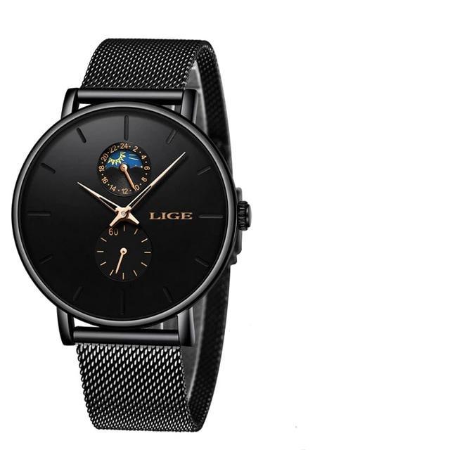 LIGE women's black mesh watch with chronometer-style subdials and braided bracelet on Tampa Home & Garden Store