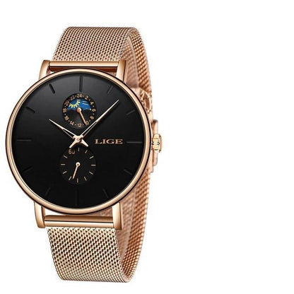 Women's Stevvex waterproof watch with black dial and rose-gold mesh bracelet, dual subdials on Tampa Home & Garden Store
