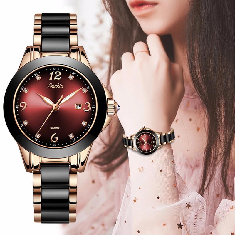 Stevvex women's waterproof watch with steel and ceramic bracelet burgundy dial with zircon markers on Tampa Home & Garden Store