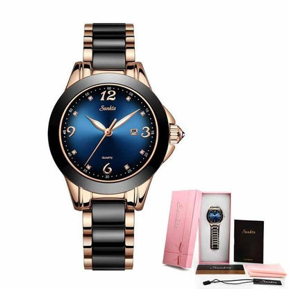 Stevvex waterproof women's watch with steel and ceramic bracelet blue dial hands zircon accents on Tampa Home & Garden Store