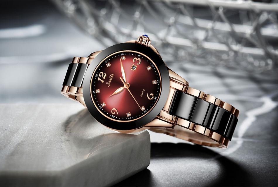 Waterproof Women Watch with Ceramic Stone Bezel