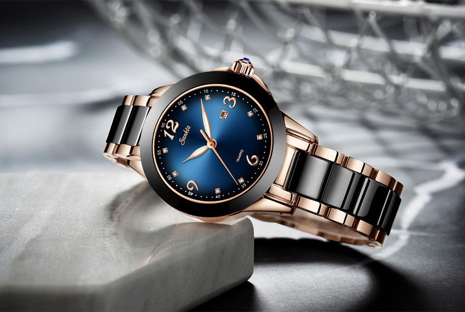 Stevvex Waterproof Womens Watch with stainless steel bracelet, ceramic stones, blue dial on Tampa Home & Garden Store