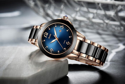 Stevvex Waterproof Womens Watch with stainless steel bracelet, ceramic stones, blue dial on Tampa Home & Garden Store