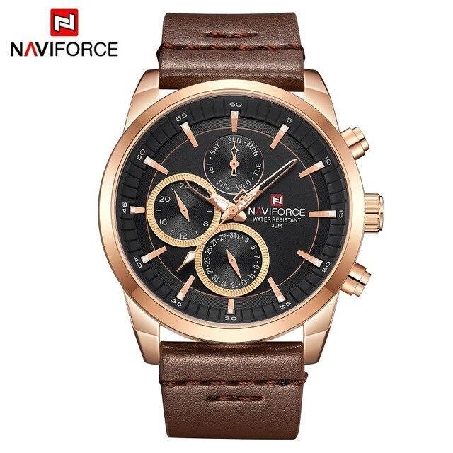 Men's waterproof watch with fluorescent hands, rose-gold case, brown strap, Naviforce logo on Tampa Home & Garden Store