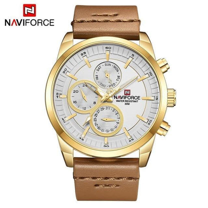 Naviforce men's gold-tone waterproof watch with brown leather strap and luminous hands on Tampa Home & Garden Store