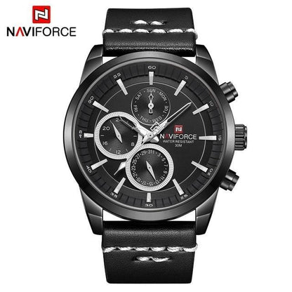 Men's Naviforce waterproof watch with fluorescent hands and markers, black dial, leather strap on Tampa Home & Garden Store