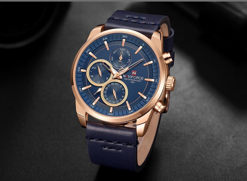 Stevvex men's waterproof watch with blue dial, rose gold case, leather strap, luminous hands on Tampa Home & Garden Store